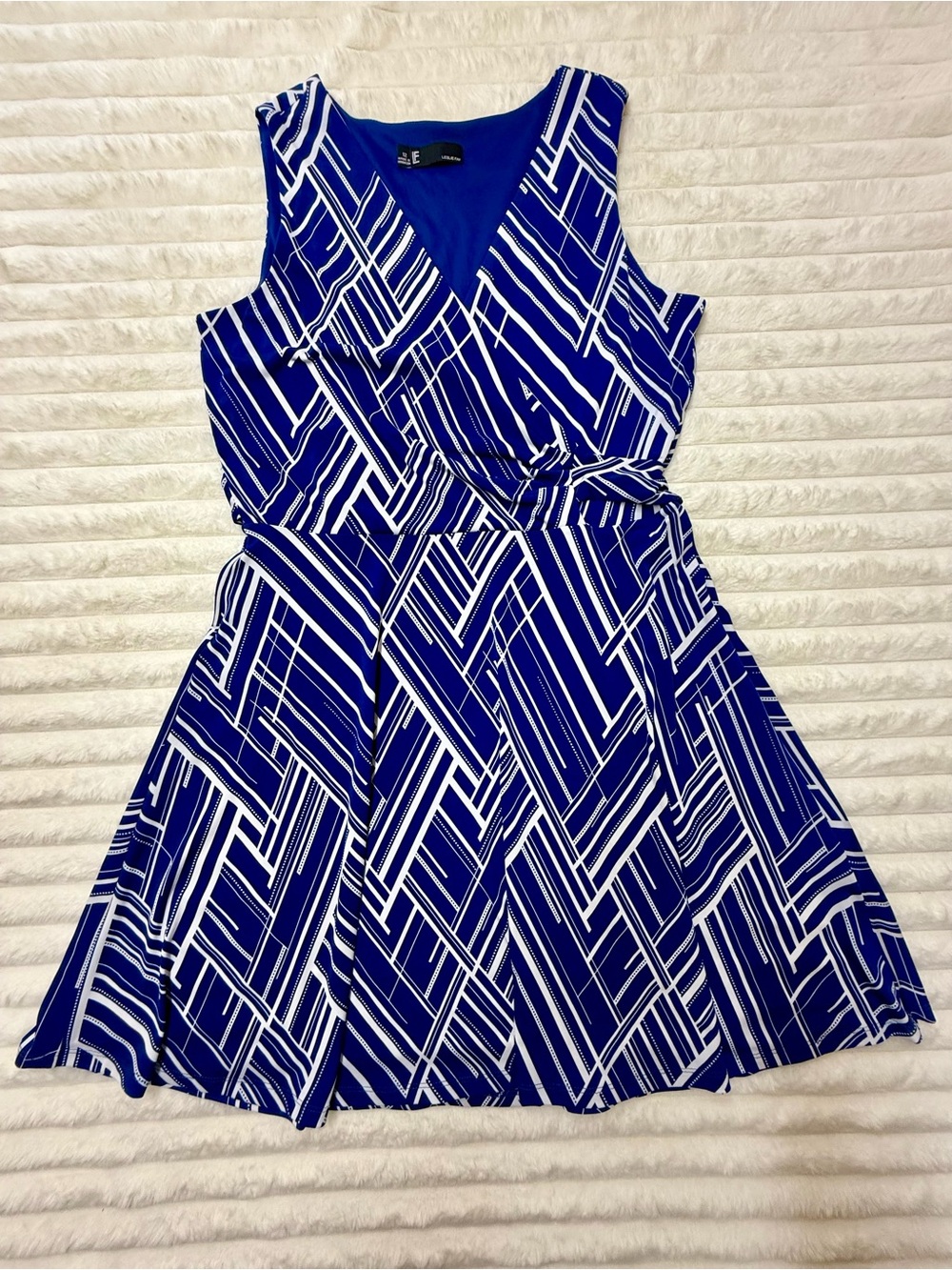Sleeveless Blue & White Geometric Fit-and-Flare Dress